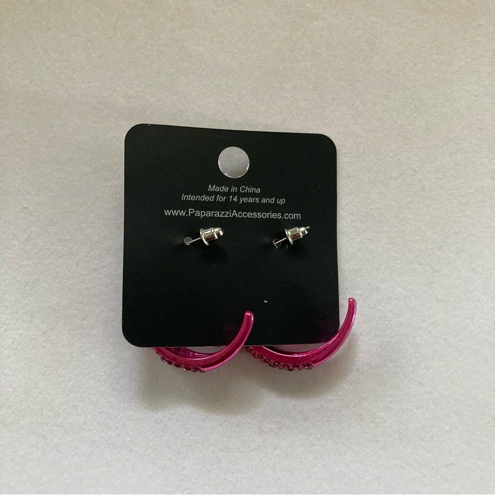 Paparazzi Pink Rhinestone Hoops - Picture 6 of 11
